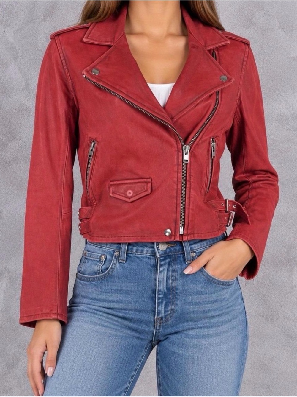 IRO Ashville Leather Moto Jacket Womens 36 Red Biker Asymmetrical Belted Zip